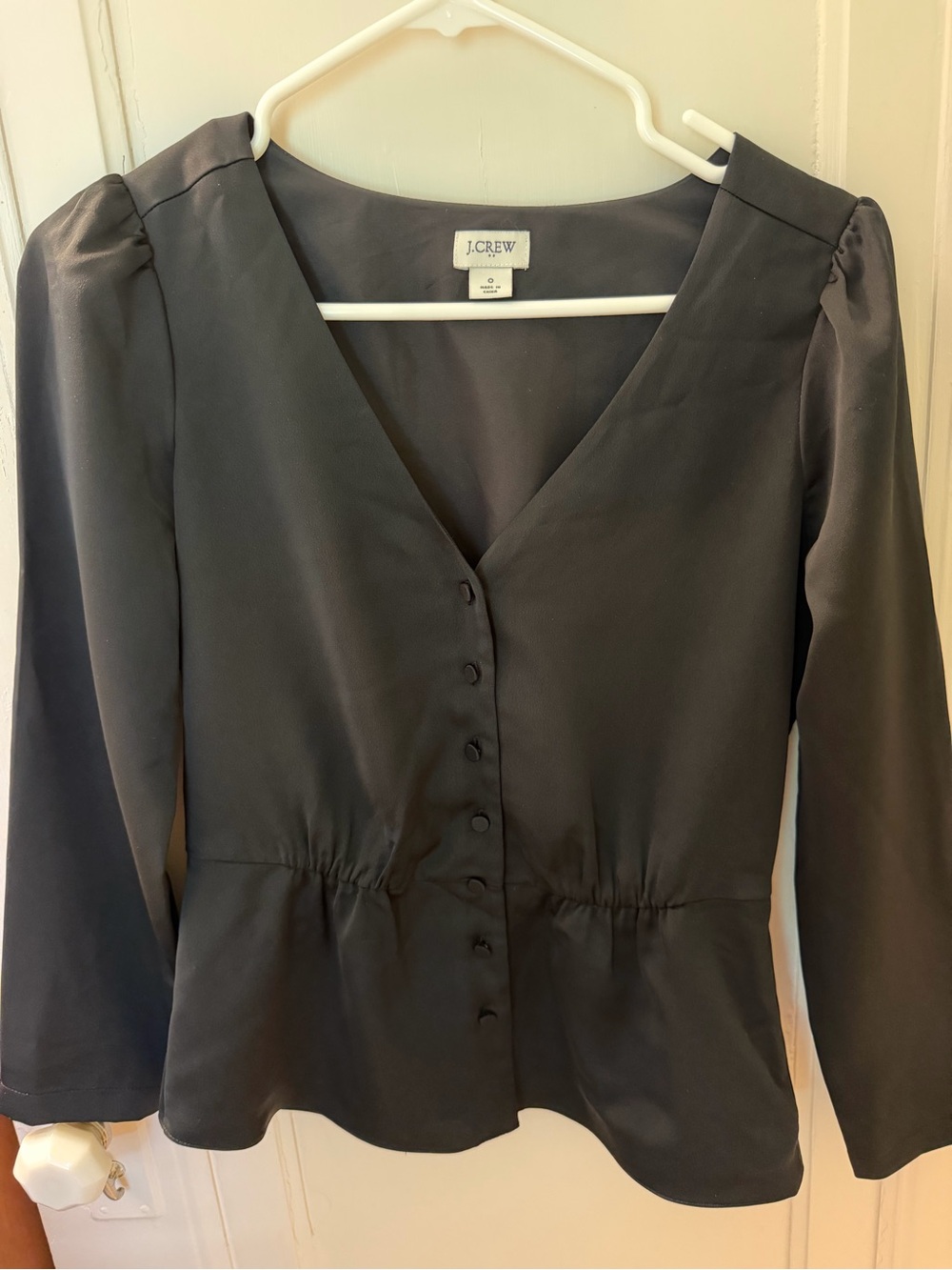 J.Crew Women's Black Silk-Like V-Neck Button Front Top